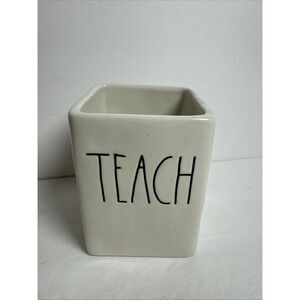 Rae Dunn "Teach"‎ Ceramic Pen / Pencil Holder / Office Organizer White 4x3